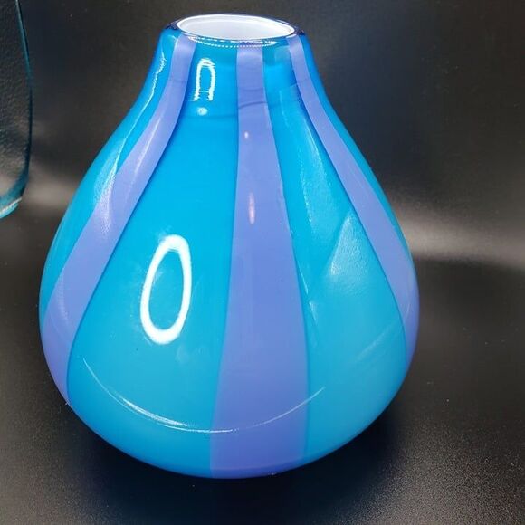 Pier One Blue with Purple Stripe Blown Art Glass Flower Vase 5" Modern - Picture 4 of 7